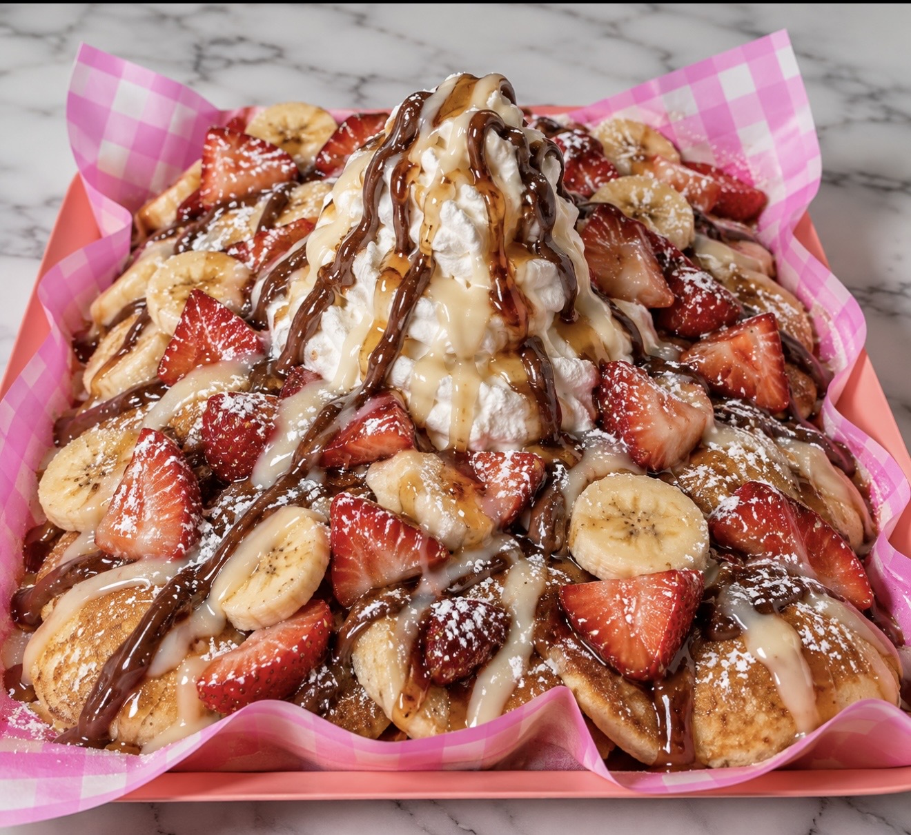 Amy’s real mini pancakes with strawberries, chocolate chips, whipped cream and sweet drizzle