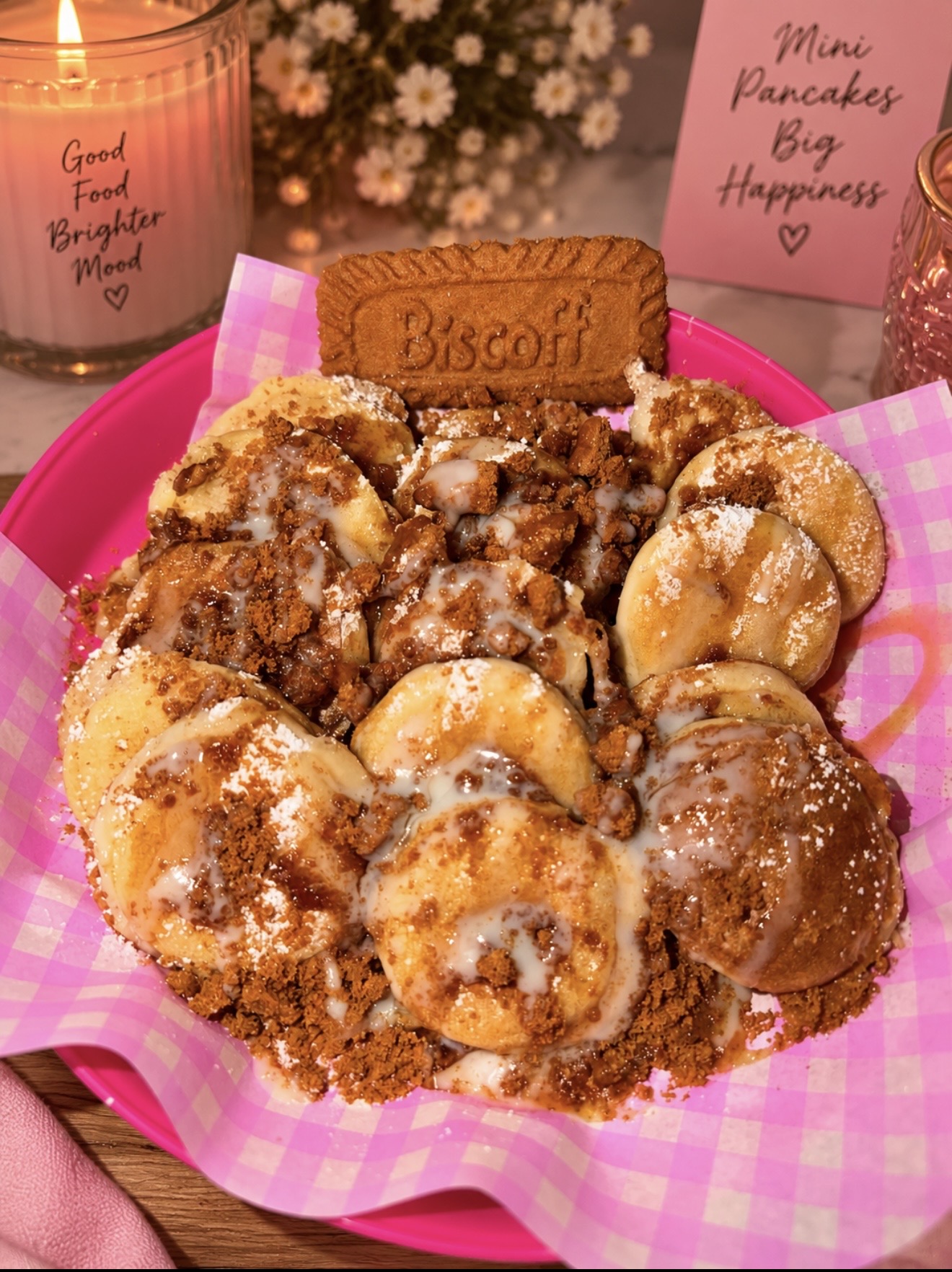 Amy’s mini pancakes topped with Biscoff crumbs